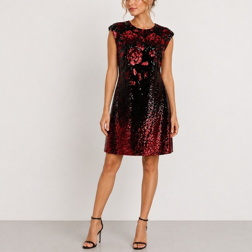 Eliza J Rose Allover Sequin Sheath Dress 4 Red‎ Black Floral Sleeveless Cocktail